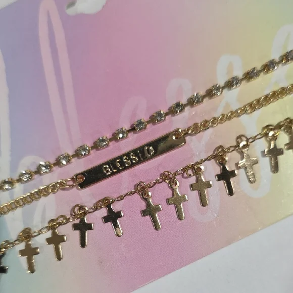 Layered Gold Cross Necklace Set – Blessed Faith Charm & Crystal Pendant Jewelry - Picture 4 of 9